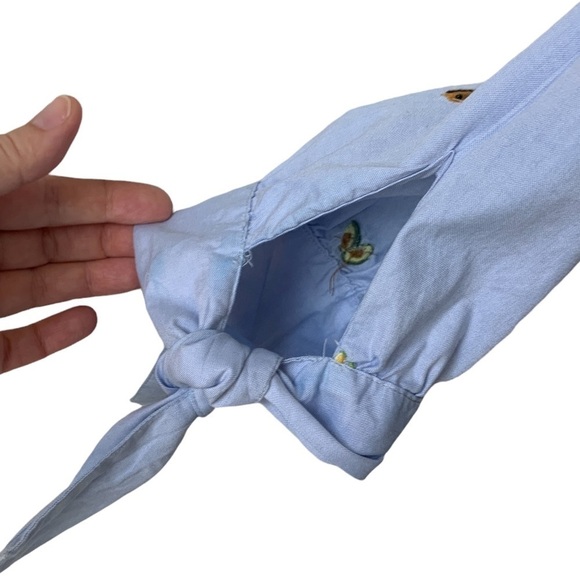 Zara Chambray Light Blue Open Back Embroidered Fruit Shirt Women’s Size Small - Picture 6 of 10